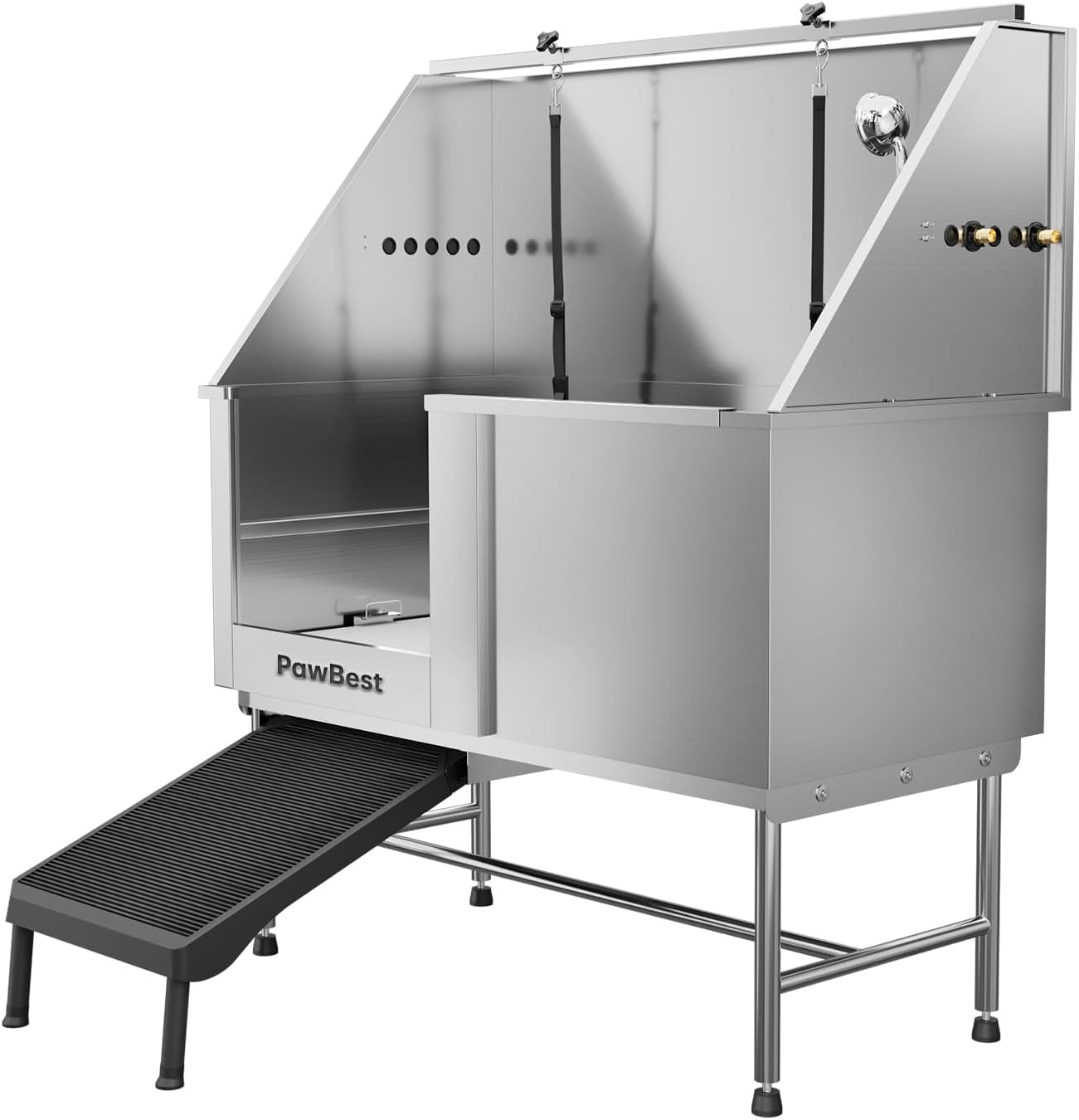 Stainless Steel Dog Grooming Bath Tub with Ramp, Faucet, Hoses and Loops (50" Bathtub)