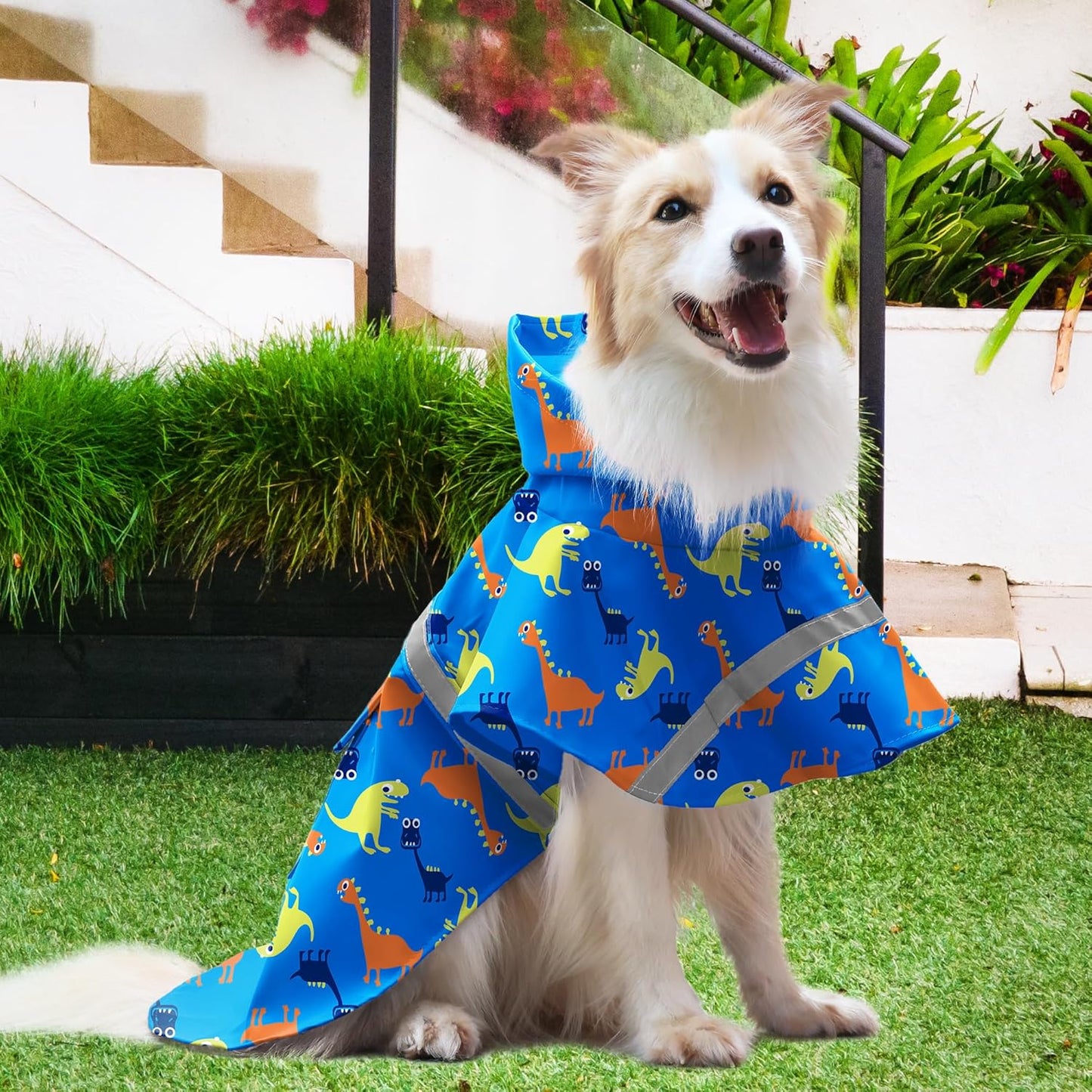 Large Dog Raincoat Adjustable - Pet Dinosaurs Water Proof Clothes Lightweight Rain Jacket Poncho Hoodies with Strip Reflective Blue (XL, Blue Dinosaur)