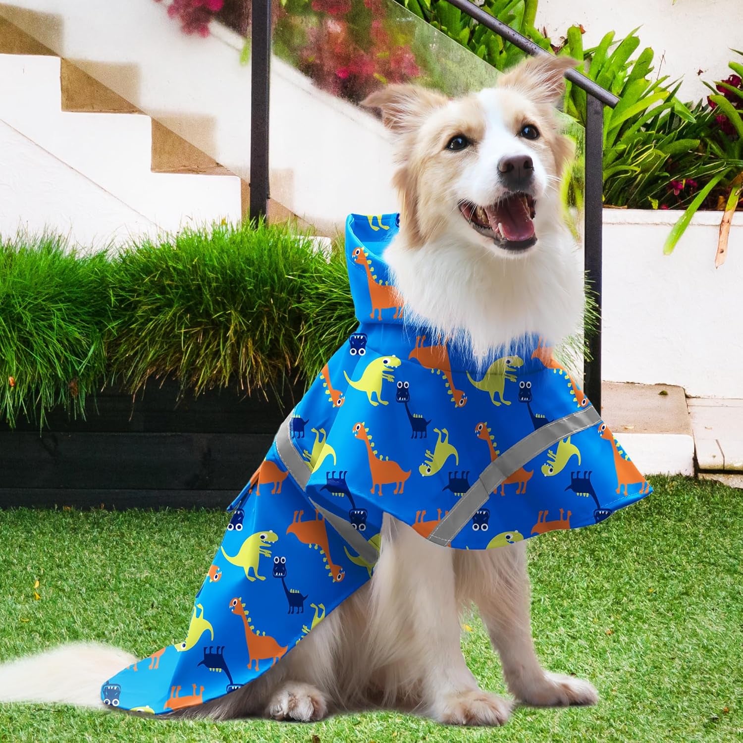 Large Dog Raincoat Adjustable - Pet Dinosaurs Water Proof Clothes Lightweight Rain Jacket Poncho Hoodies with Strip Reflective Blue (XL, Blue Dinosaur)
