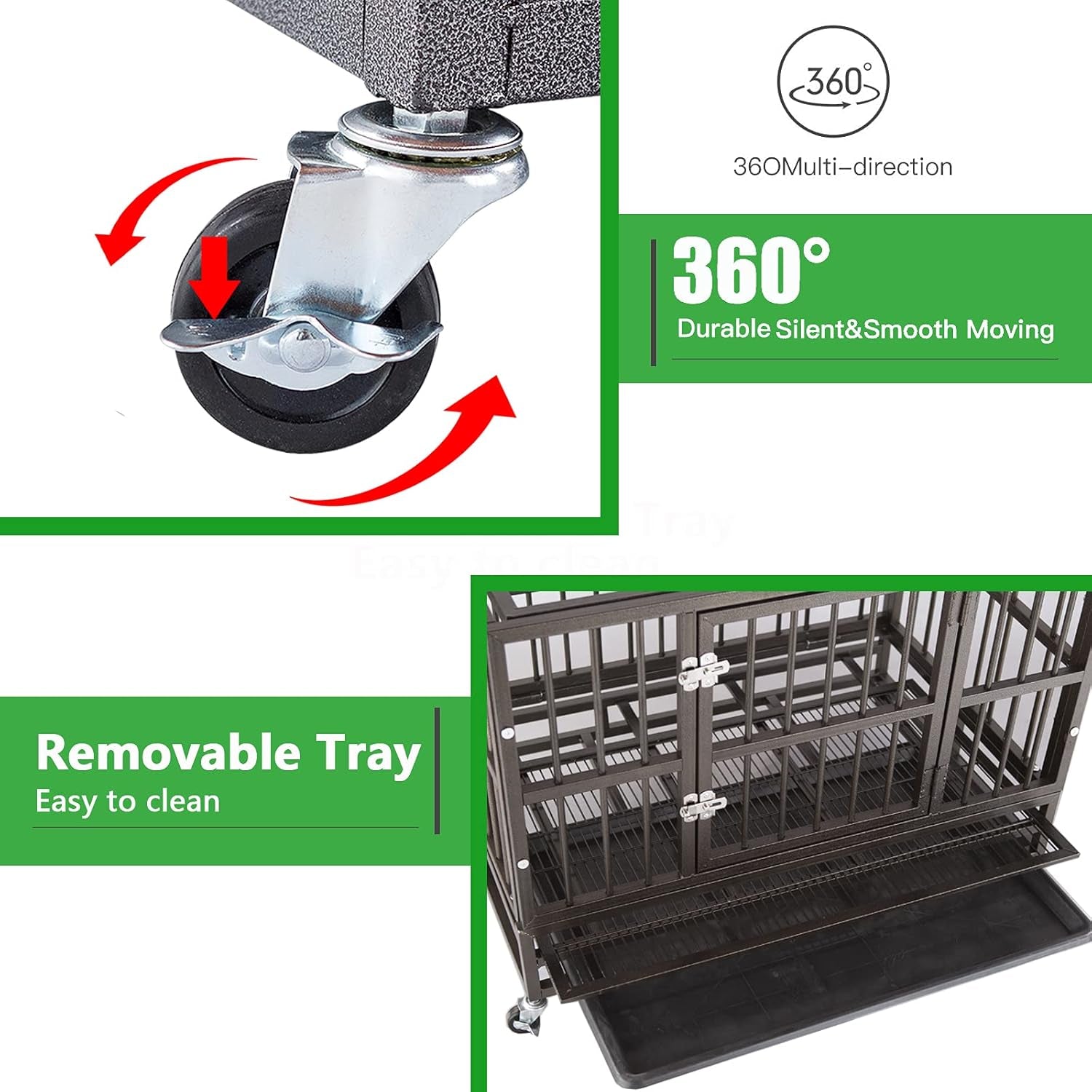 46 Inch Heavy Duty Indestructible Dog Crate Cage Kennel with Wheels, Escape Proof Dog Crate for Large Dogs, Extra Large XXL Dog Crates Indoor with Sturdy Lock, Double Door Removable Tray