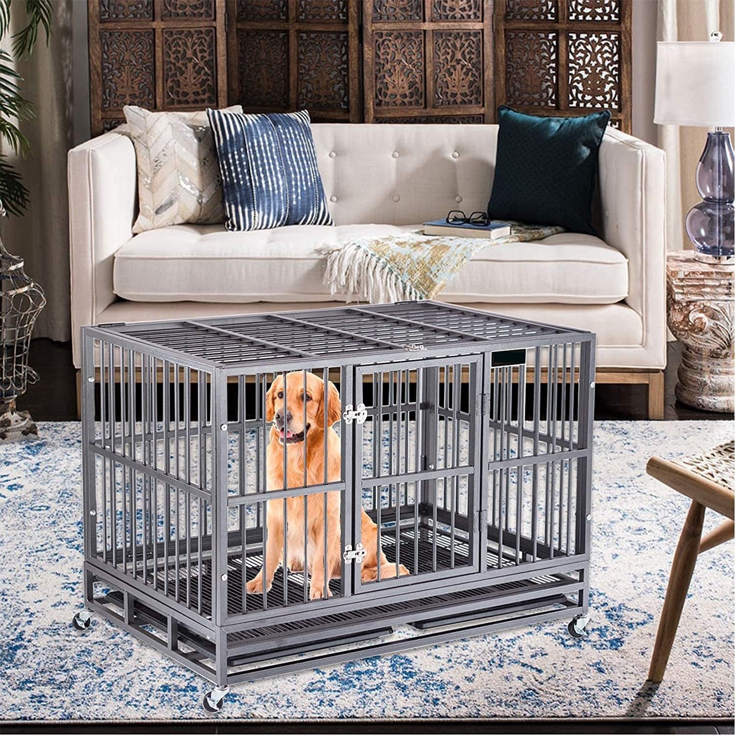 46 Inch Heavy Duty Indestructible Dog Crate Cage Kennel with Wheels, Escape Proof Dog Crate for Large Dogs, Extra Large XXL Dog Crates Indoor with Sturdy Lock, Double Door Removable Tray