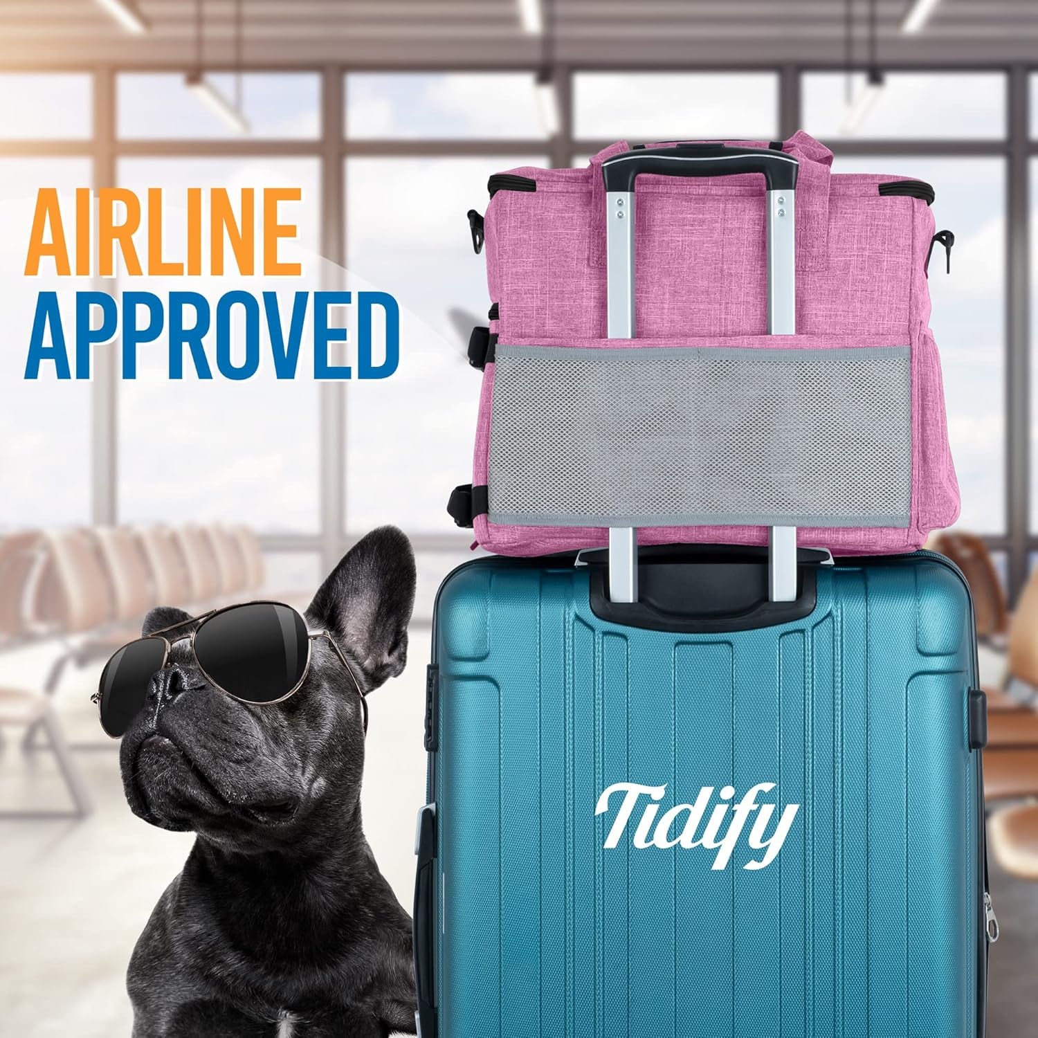 Dog Travel Bag Airline Approved for Dog and Cat Tote Organizer with Multi Function Pockets, 2 Food Containers and Collapsible Bowls, Weekend Away Dog Bag for Travel Accessories (Pink)