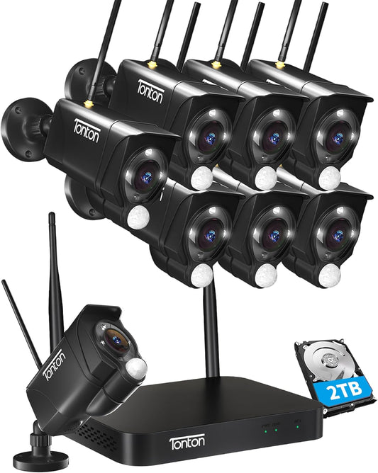 [Dual Wifi, PIR Sensor]  4K Wireless Security Camera System with 2TB Hard Drive,10Ch NVR,8PCS 3MP Outdoor Wifi Cameras,12V DC Powered,2 Way Audio,Spotlight,Ai Human Detection,Work with Alexa