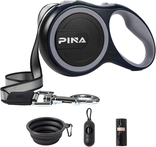 Retractable Dog Leash, 26Ft Dog Leash for Small Medium Large Dogs up to 110Lbs, 360° Tangle-Free Strong Reflective Nylon Tape, with Anti-Slip Handle, One-Handed Brake, Lock - Black Gray
