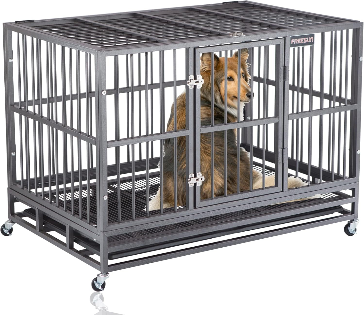 46 Inch Heavy Duty Indestructible Dog Crate Cage Kennel with Wheels, Escape Proof Dog Crate for Large Dogs, Extra Large XXL Dog Crates Indoor with Sturdy Lock, Double Door Removable Tray