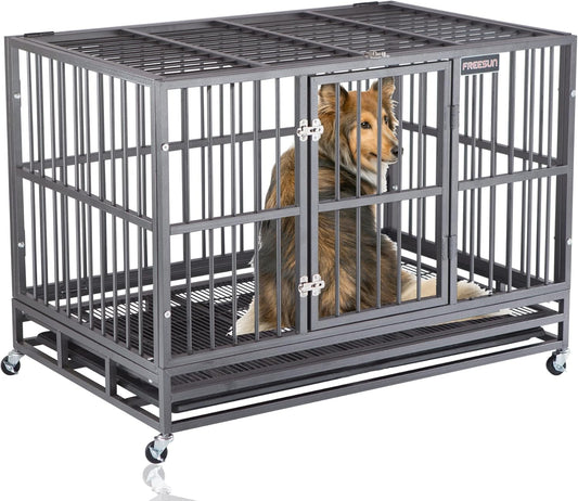 46 Inch Heavy Duty Indestructible Dog Crate Cage Kennel with Wheels, Escape Proof Dog Crate for Large Dogs, Extra Large XXL Dog Crates Indoor with Sturdy Lock, Double Door Removable Tray