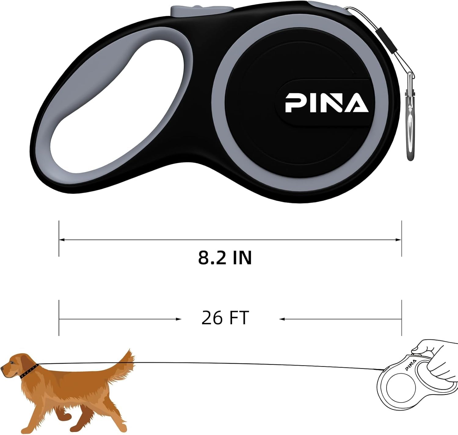 Retractable Dog Leash, 26Ft Dog Leash for Small Medium Large Dogs up to 110Lbs, 360° Tangle-Free Strong Reflective Nylon Tape, with Anti-Slip Handle, One-Handed Brake, Lock - Black Gray
