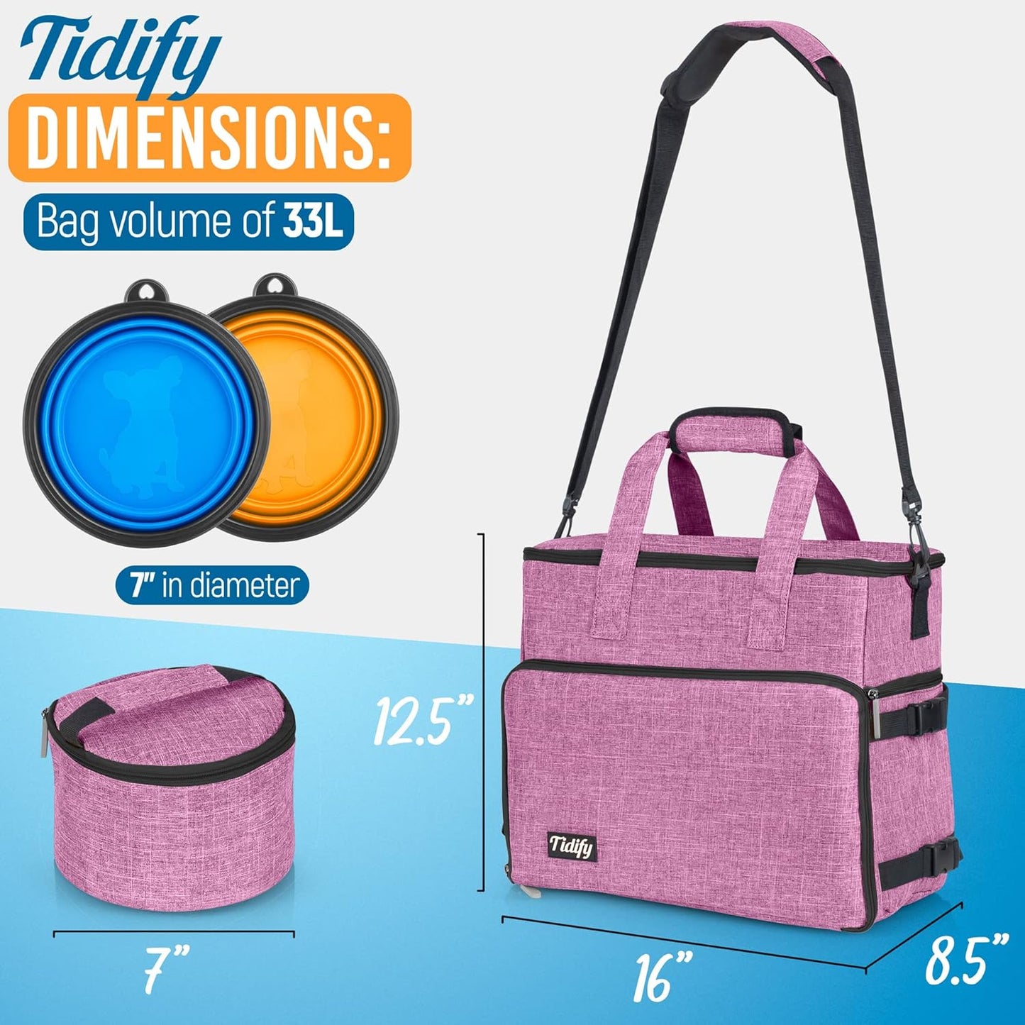 Dog Travel Bag Airline Approved for Dog and Cat Tote Organizer with Multi Function Pockets, 2 Food Containers and Collapsible Bowls, Weekend Away Dog Bag for Travel Accessories (Pink)