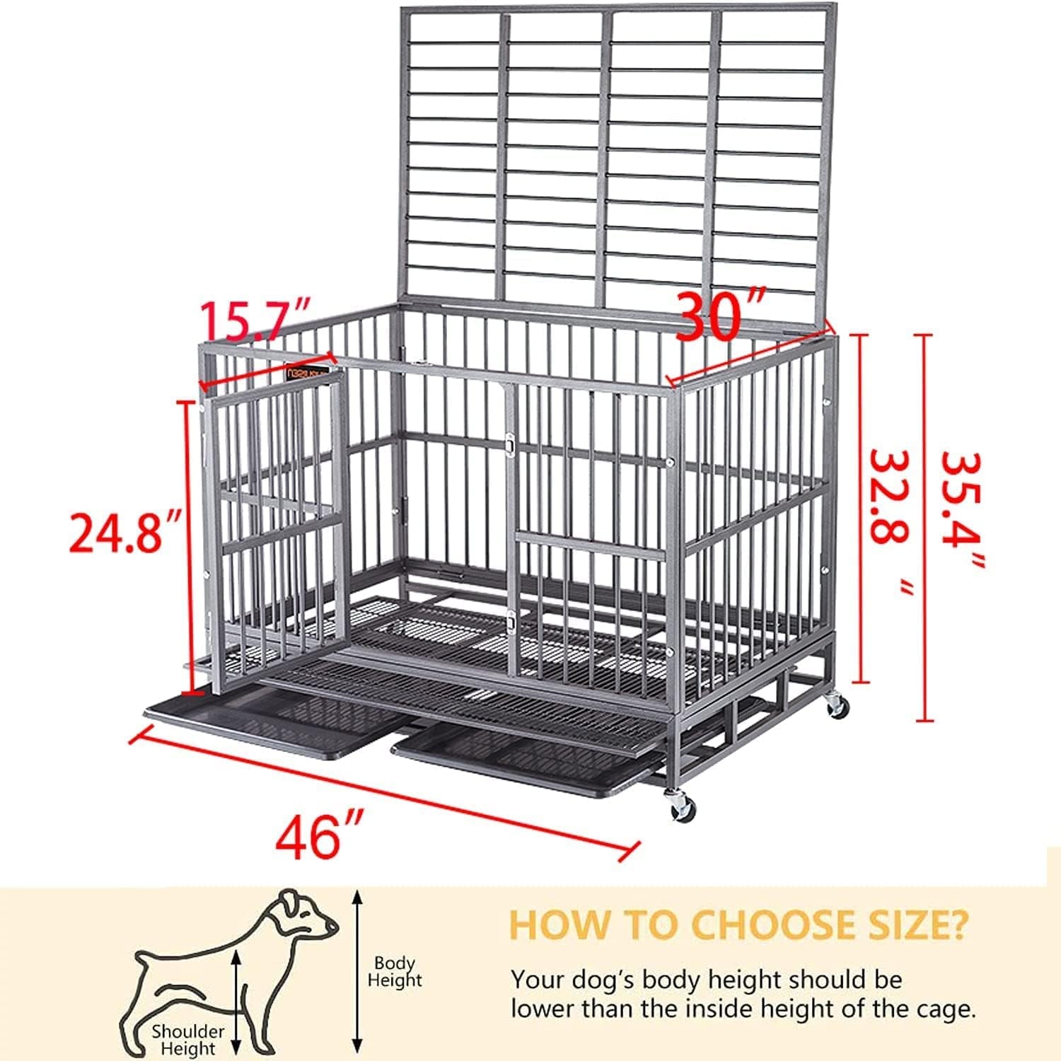 46 Inch Heavy Duty Indestructible Dog Crate Cage Kennel with Wheels, Escape Proof Dog Crate for Large Dogs, Extra Large XXL Dog Crates Indoor with Sturdy Lock, Double Door Removable Tray