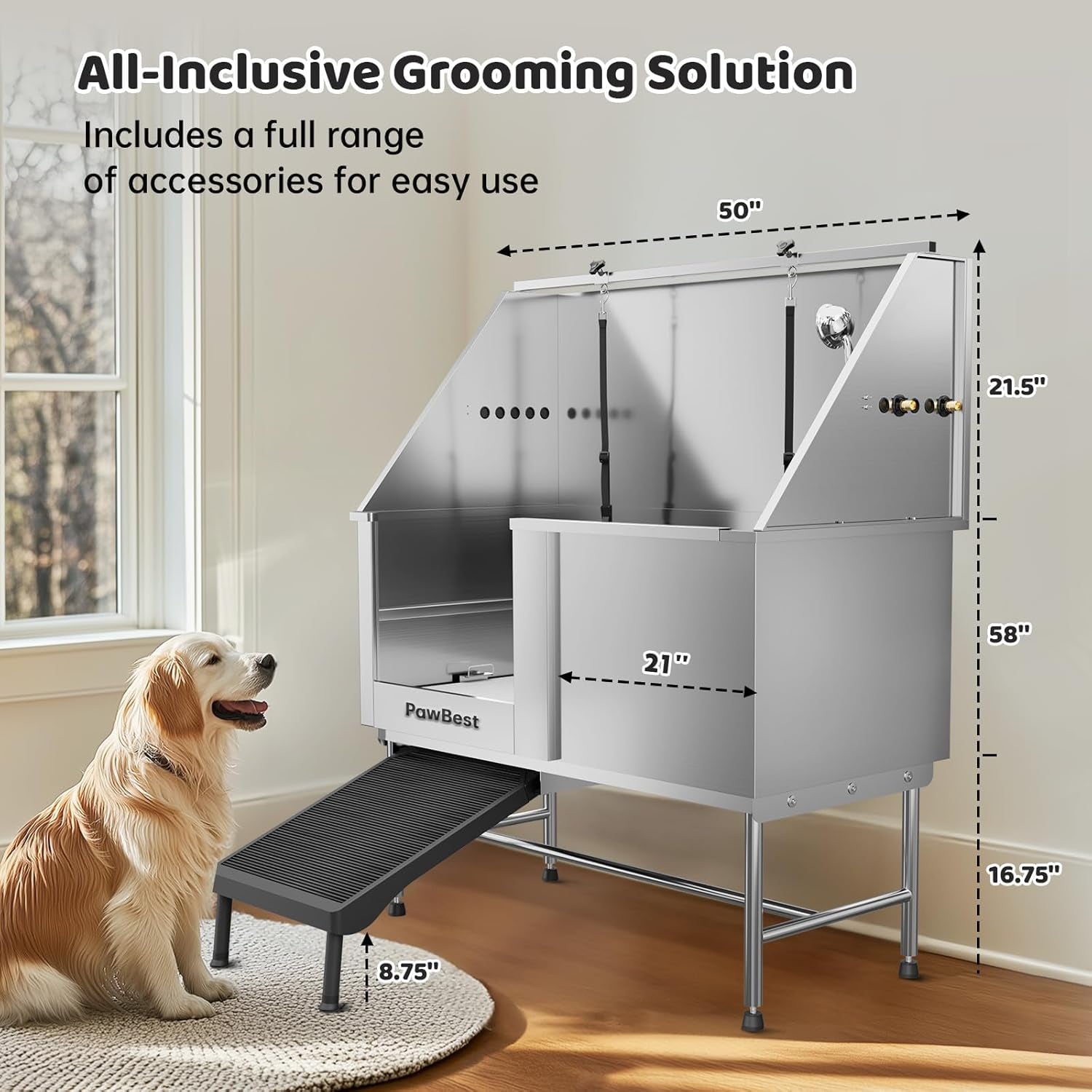 Stainless Steel Dog Grooming Bath Tub with Ramp, Faucet, Hoses and Loops (50" Bathtub)