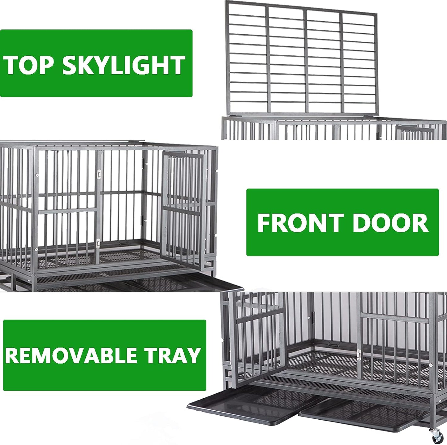 46 Inch Heavy Duty Indestructible Dog Crate Cage Kennel with Wheels, Escape Proof Dog Crate for Large Dogs, Extra Large XXL Dog Crates Indoor with Sturdy Lock, Double Door Removable Tray