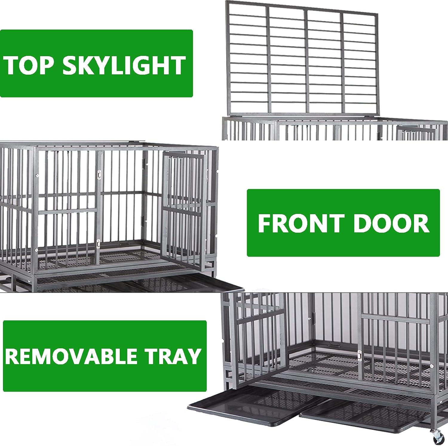 46 Inch Heavy Duty Indestructible Dog Crate Cage Kennel with Wheels, Escape Proof Dog Crate for Large Dogs, Extra Large XXL Dog Crates Indoor with Sturdy Lock, Double Door Removable Tray