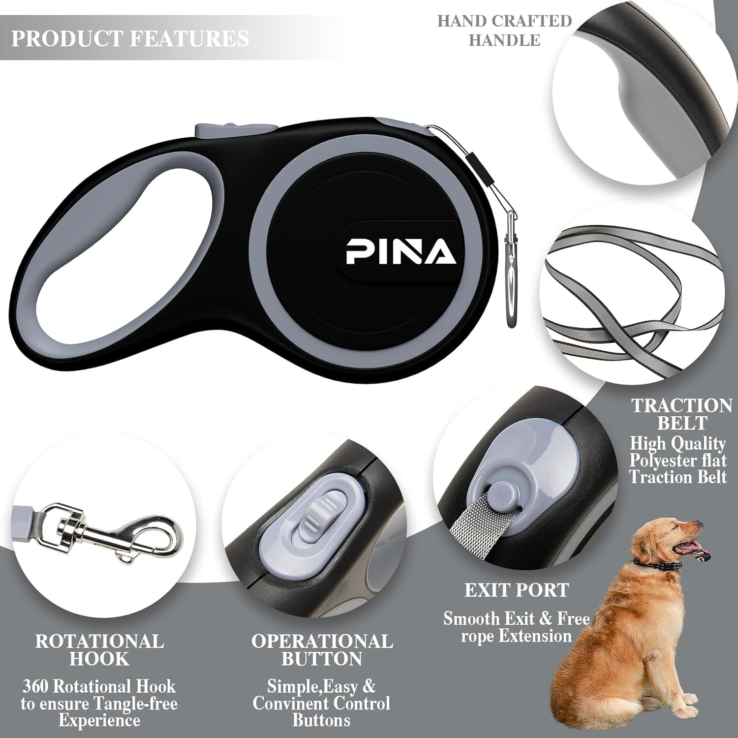 Retractable Dog Leash, 26Ft Dog Leash for Small Medium Large Dogs up to 110Lbs, 360° Tangle-Free Strong Reflective Nylon Tape, with Anti-Slip Handle, One-Handed Brake, Lock - Black Gray
