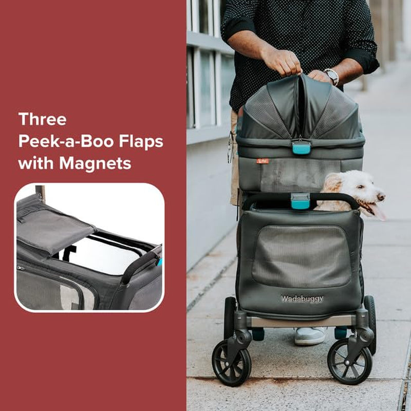 Pet Two Foldable Cart - Adjustable & Portable Pet Stroller with Caddy, Foam Filled Rubber Wheels, Storage - Carriage for Small & Medium Dogs, Cats under 75 Lbs